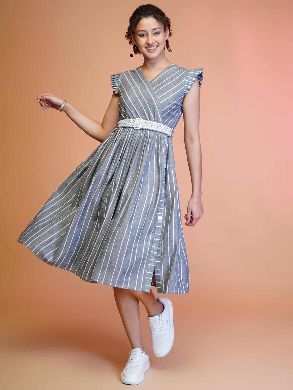 Jyoti Fashion Women's Grey Cotton Striped with Embroidered Belt Western Midi Dress - Distacart