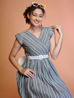 Jyoti Fashion Women's Grey Cotton Striped with Embroidered Belt Western Midi Dress - Distacart