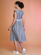 Jyoti Fashion Women's Grey Cotton Striped with Embroidered Belt Western Midi Dress - Distacart