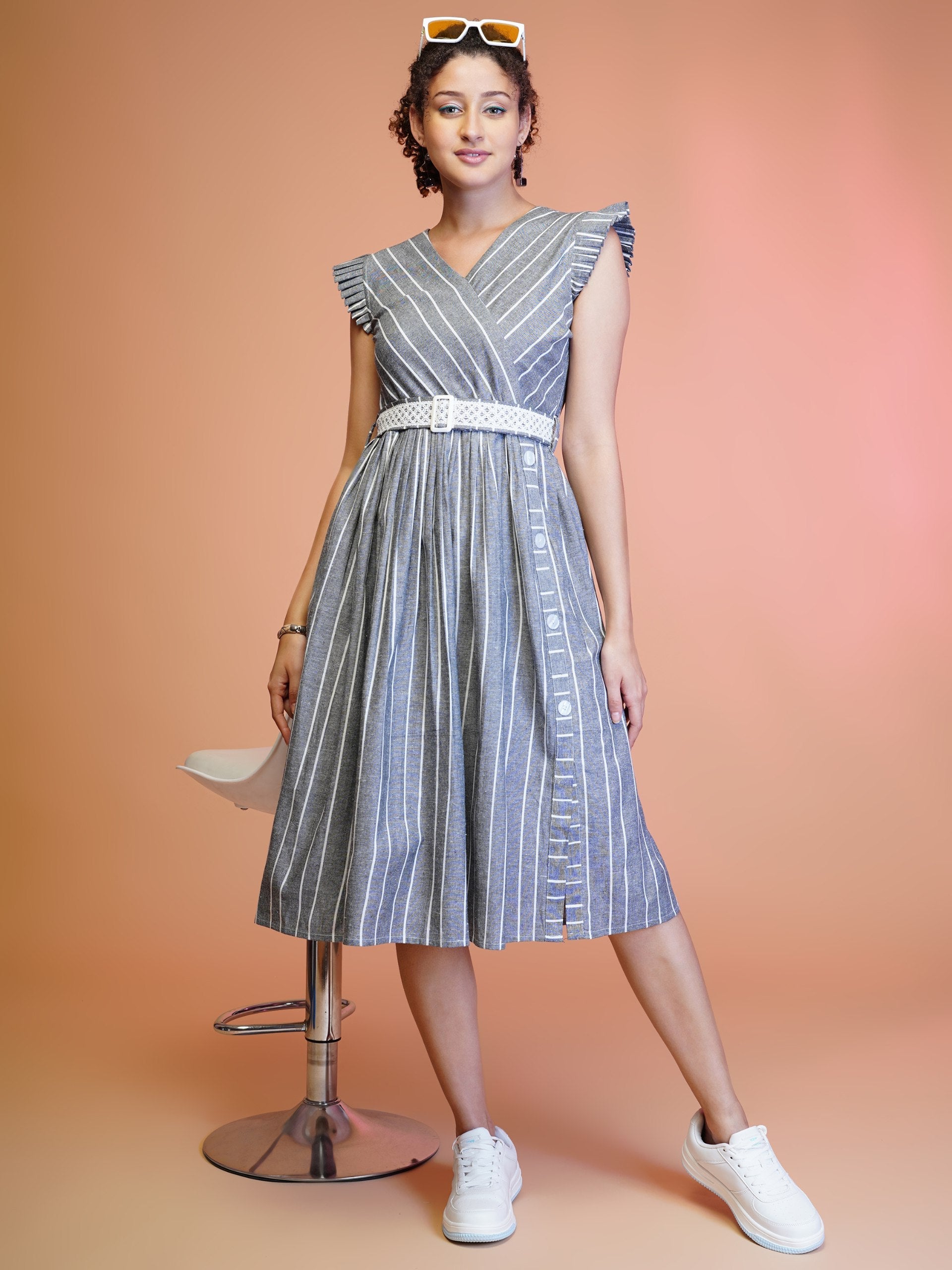 Jyoti Fashion Women's Grey Cotton Striped with Embroidered Belt Western Midi Dress - Distacart