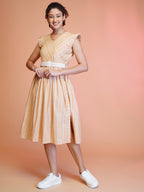 Jyoti Fashion Women's Orange Cotton Striped with Embroidered Belt Western Midi Dress - Distacart
