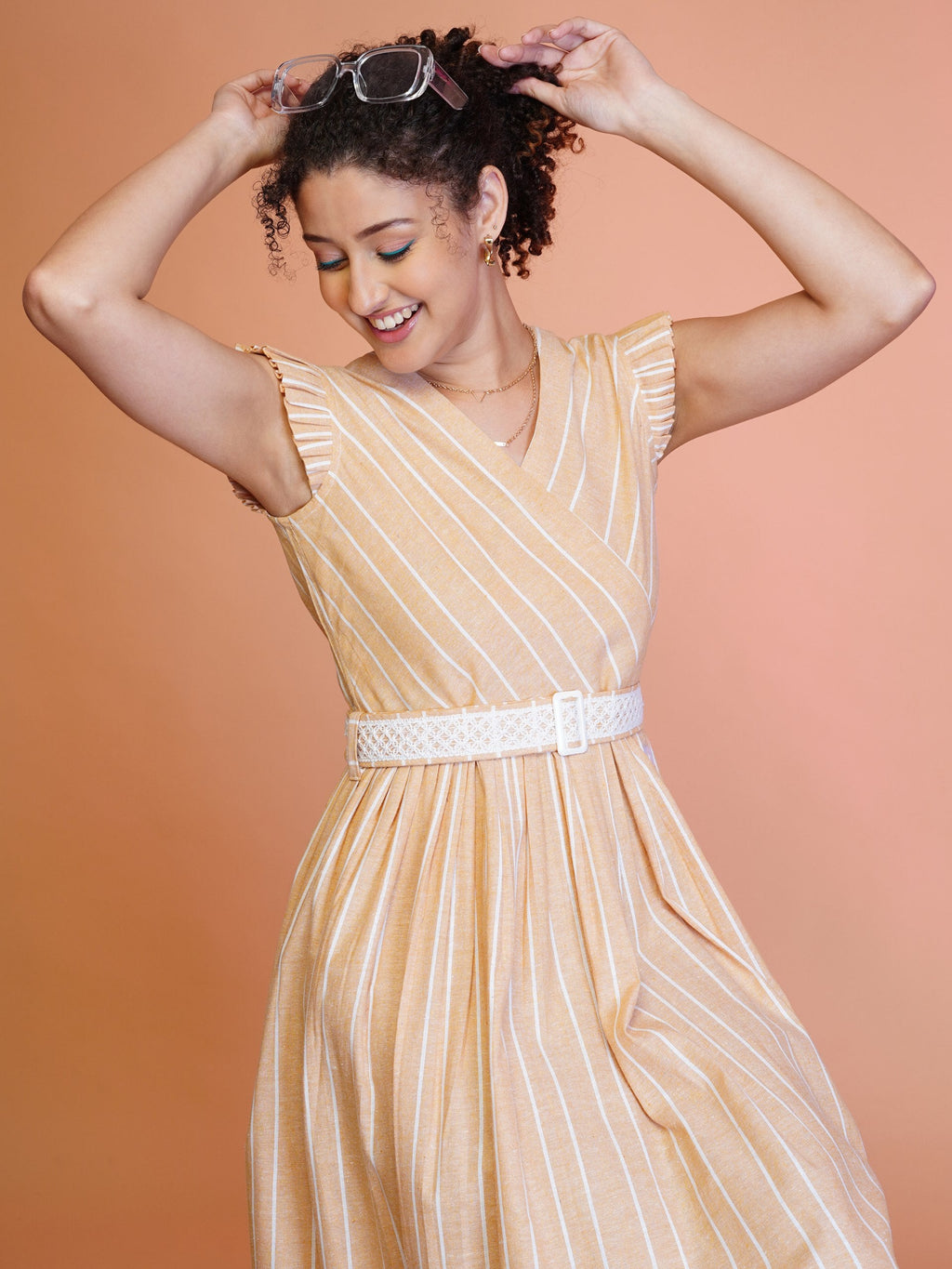 Jyoti Fashion Women's Orange Cotton Striped with Embroidered Belt Western Midi Dress - Distacart