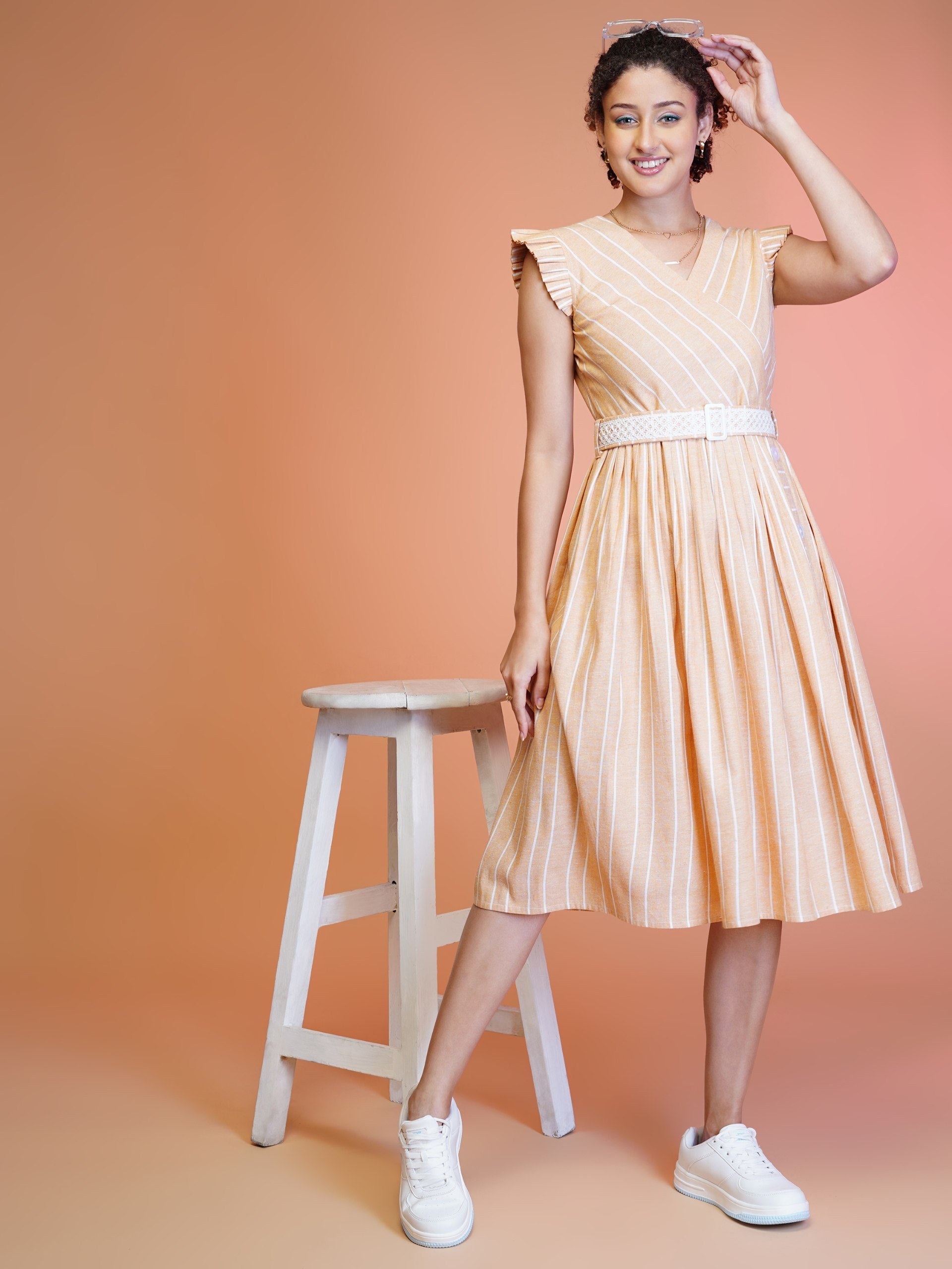 Jyoti Fashion Women's Orange Cotton Striped with Embroidered Belt Western Midi Dress - Distacart