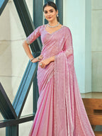 Jyoti Fashion Women's Pink Silk Blend Embellished Border with Beads & Crystal Cutwork Saree with Blouse
