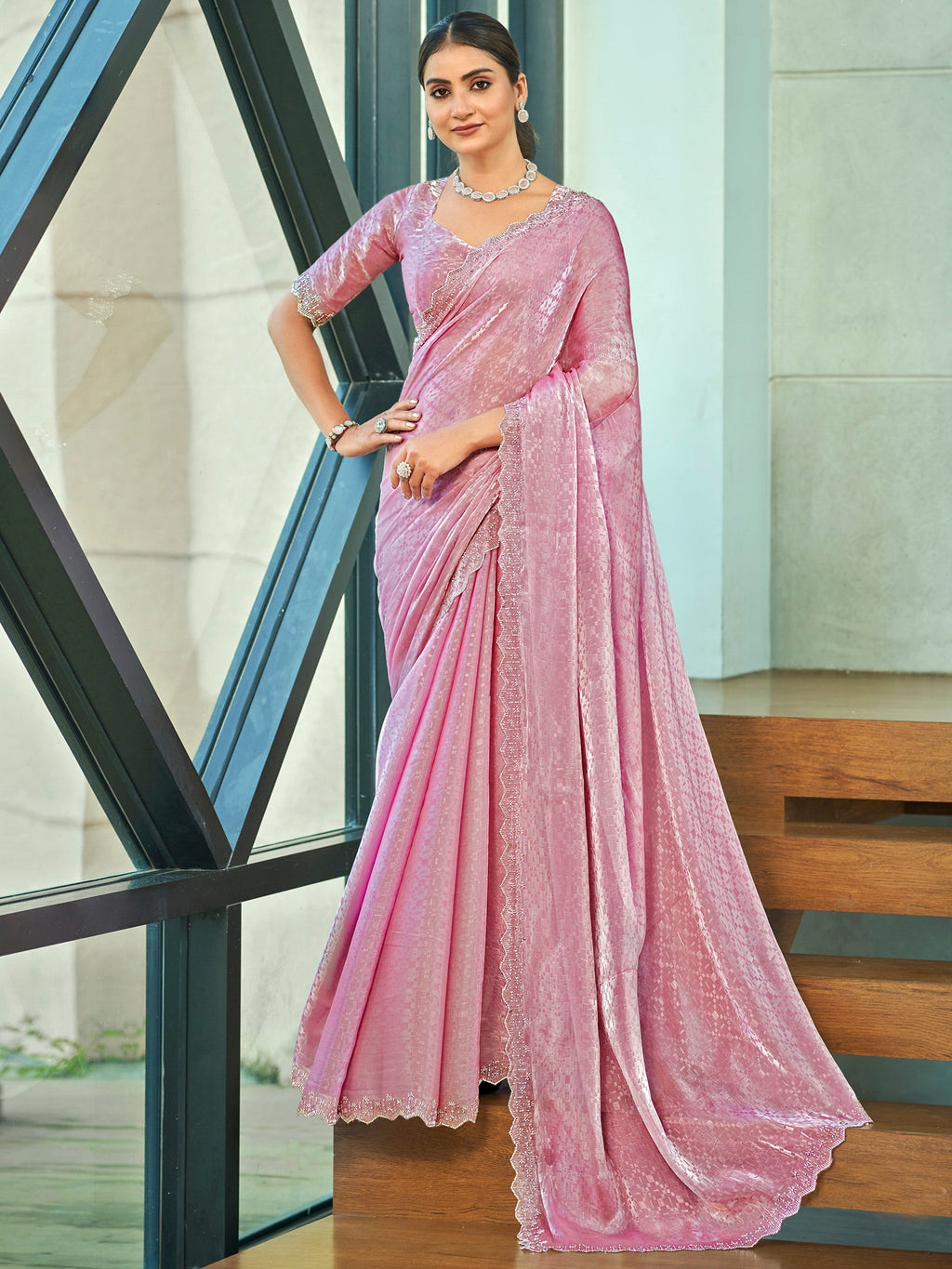 Jyoti Fashion Women's Pink Silk Blend Embellished Border with Beads & Crystal Cutwork Saree with Blouse