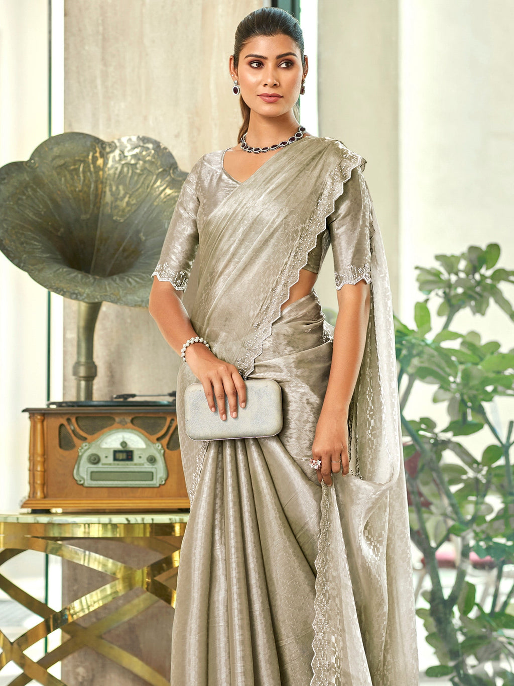 Jyoti Fashion Women's Silver Silk Blend Embellished Border with Beads & Crystal Cutwork Saree with Blouse