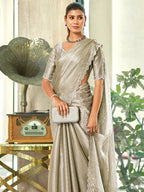 Jyoti Fashion Women's Silver Silk Blend Embellished Border with Beads & Crystal Cutwork Saree with Blouse