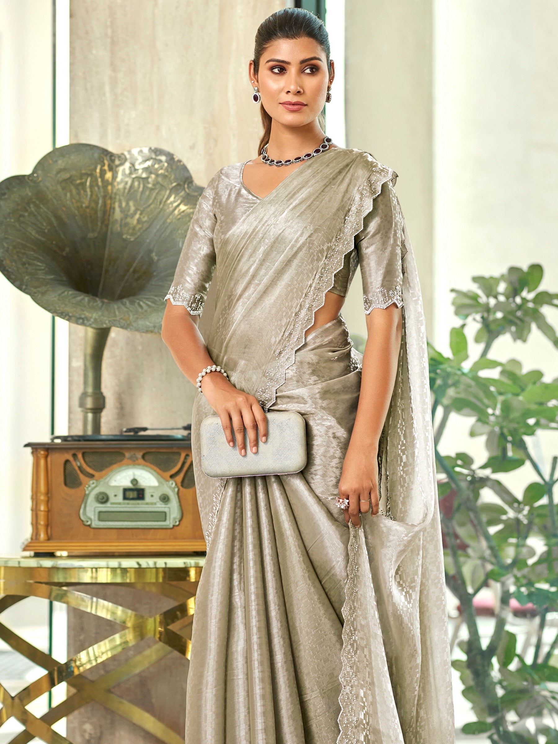 Jyoti Fashion Women's Silver Silk Blend Embellished Border with Beads & Crystal Cutwork Saree with Blouse
