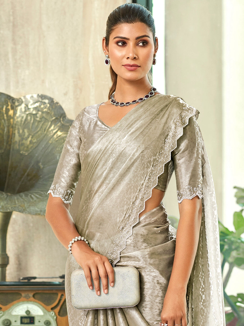 Jyoti Fashion Women's Silver Silk Blend Embellished Border with Beads & Crystal Cutwork Saree with Blouse