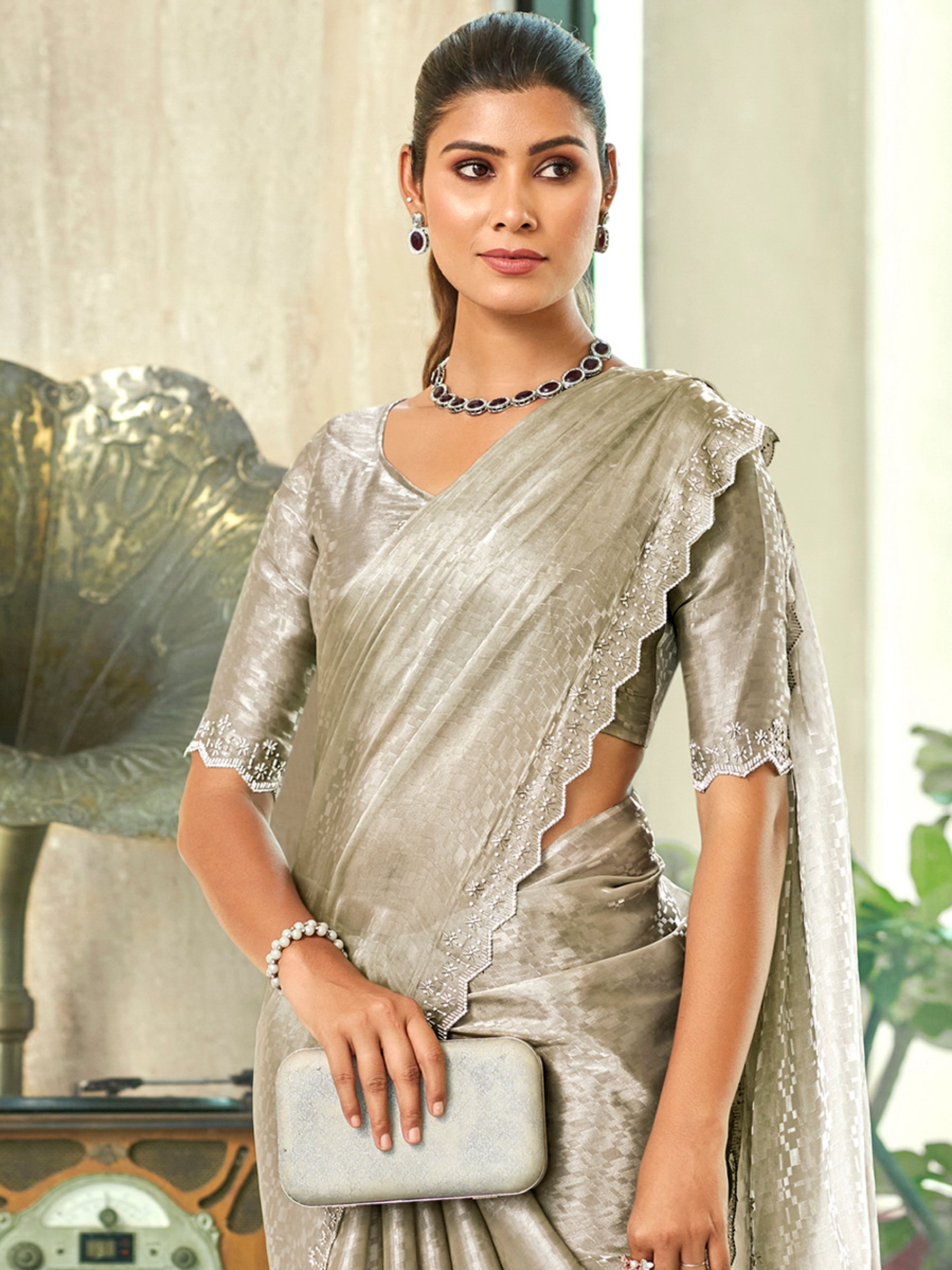 Jyoti Fashion Women's Silver Silk Blend Embellished Border with Beads & Crystal Cutwork Saree with Blouse
