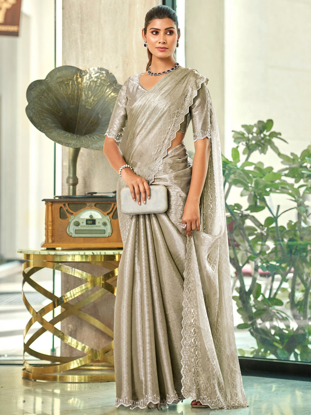 Jyoti Fashion Women's Silver Silk Blend Embellished Border with Beads & Crystal Cutwork Saree with Blouse