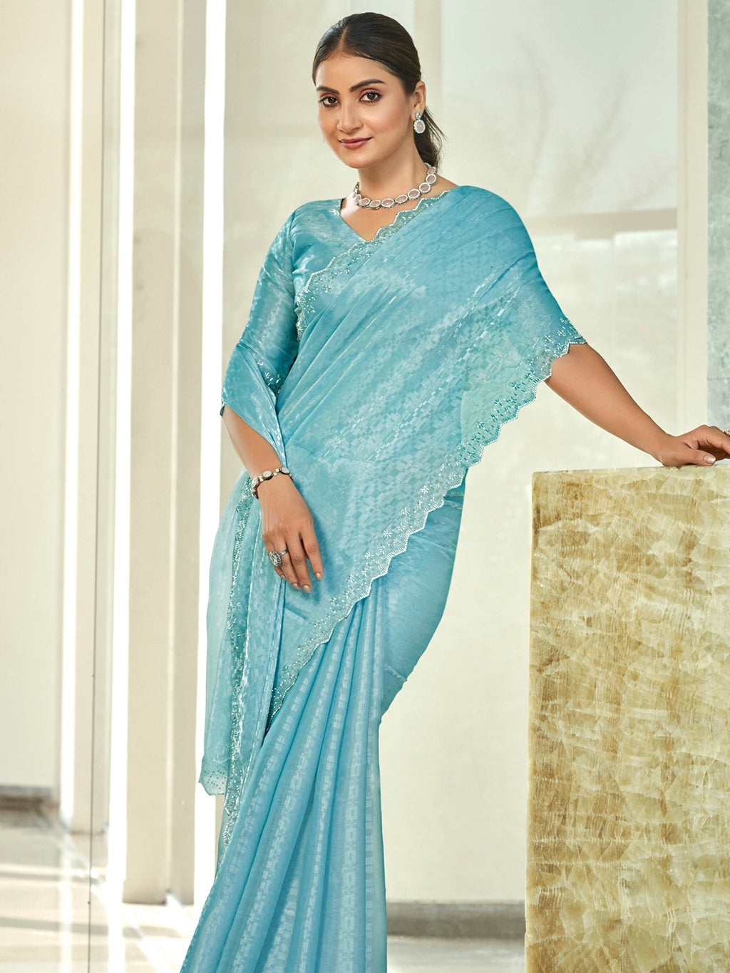 Jyoti Fashion Women's Sky Blue Silk Blend Embellished Border with Beads & Crystal Cutwork Saree with Blouse