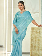 Jyoti Fashion Women's Sky Blue Silk Blend Embellished Border with Beads & Crystal Cutwork Saree with Blouse