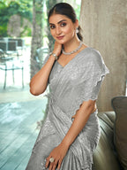 Jyoti Fashion Women's Grey Silk Blend Embellished Border with Beads & Crystal Cutwork Saree with Blouse