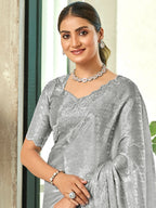 Jyoti Fashion Women's Grey Silk Blend Embellished Border with Beads & Crystal Cutwork Saree with Blouse