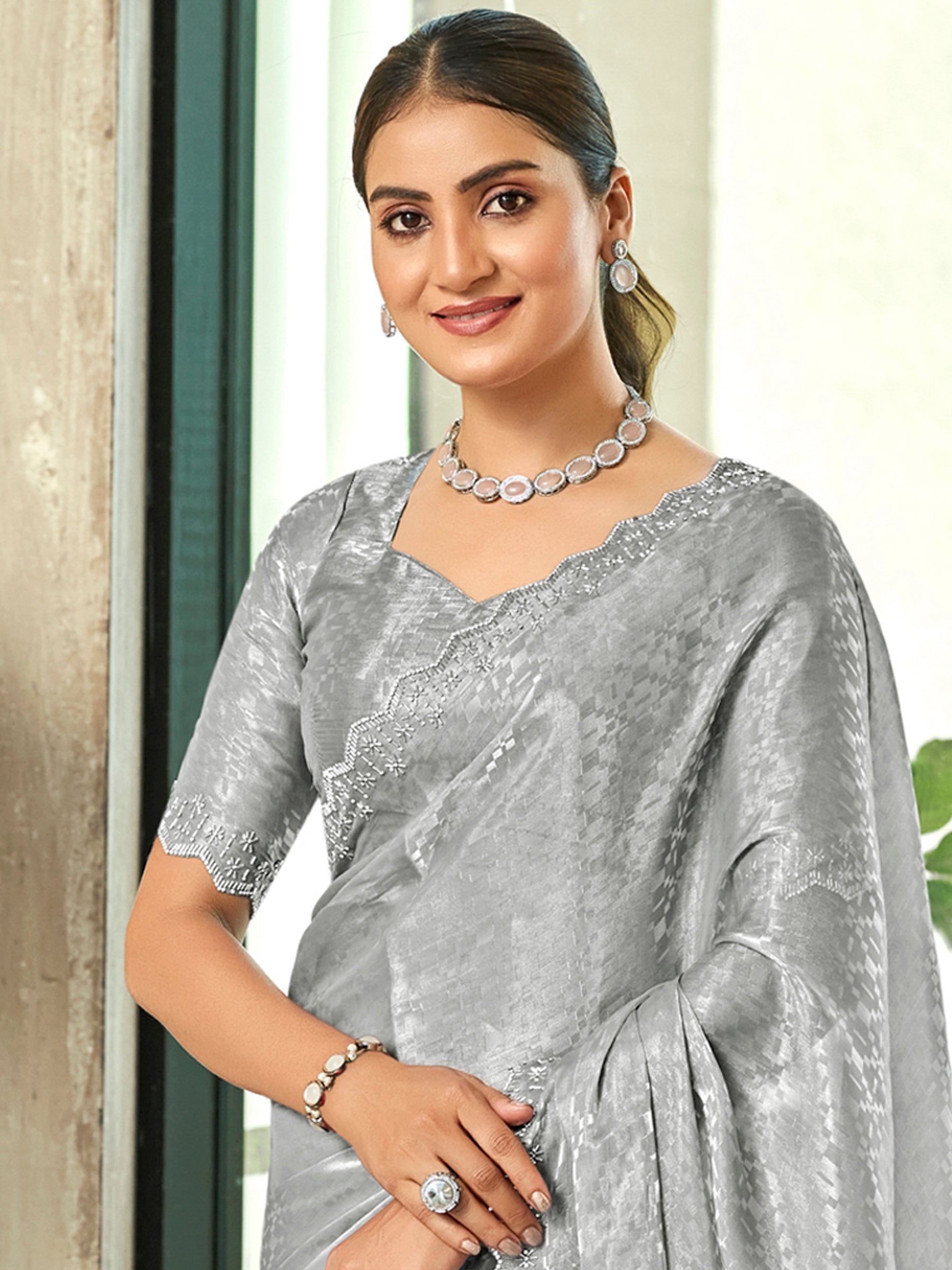 Jyoti Fashion Women's Grey Silk Blend Embellished Border with Beads & Crystal Cutwork Saree with Blouse