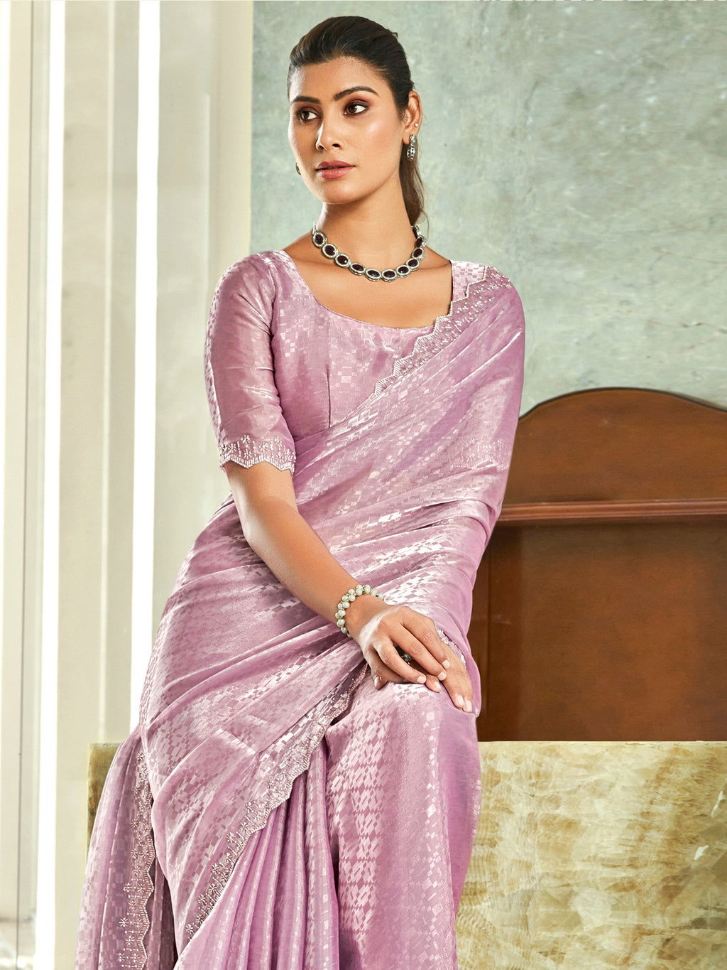 Jyoti Fashion Women's Purple Silk Blend Embellished Border with Beads & Crystal Cutwork Saree with Blouse