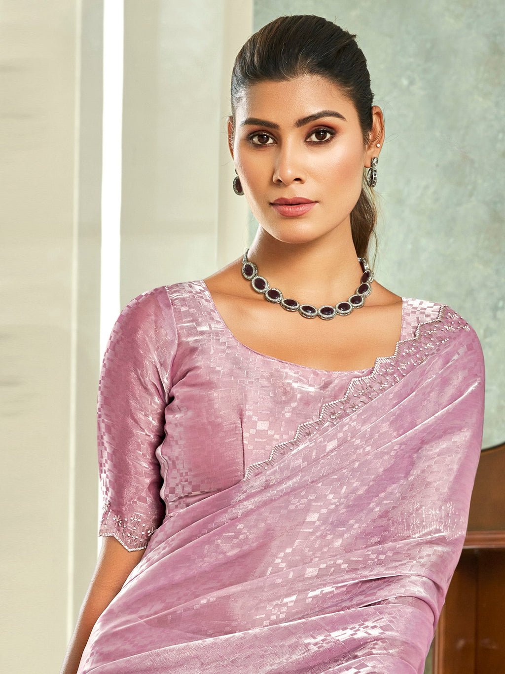 Jyoti Fashion Women's Purple Silk Blend Embellished Border with Beads & Crystal Cutwork Saree with Blouse