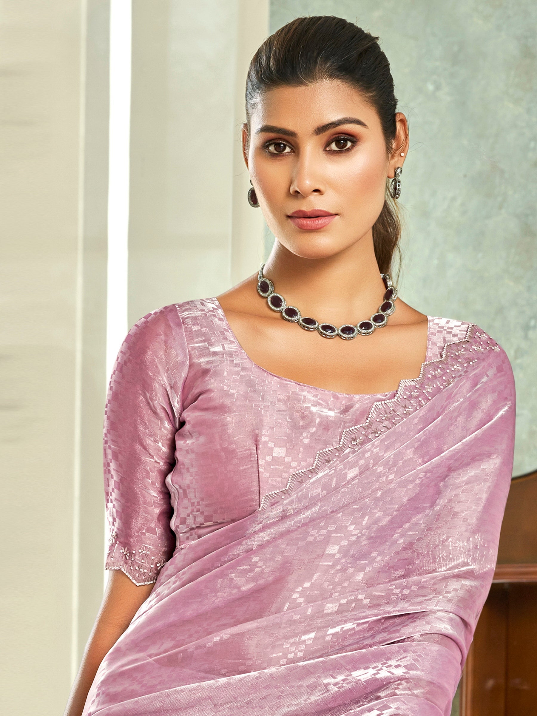 Jyoti Fashion Women's Purple Silk Blend Embellished Border with Beads & Crystal Cutwork Saree with Blouse
