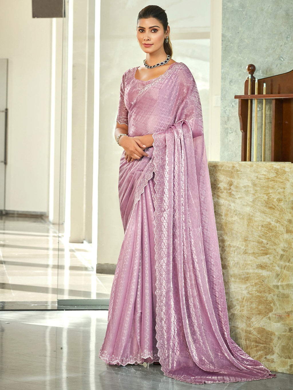 Jyoti Fashion Women's Purple Silk Blend Embellished Border with Beads & Crystal Cutwork Saree with Blouse