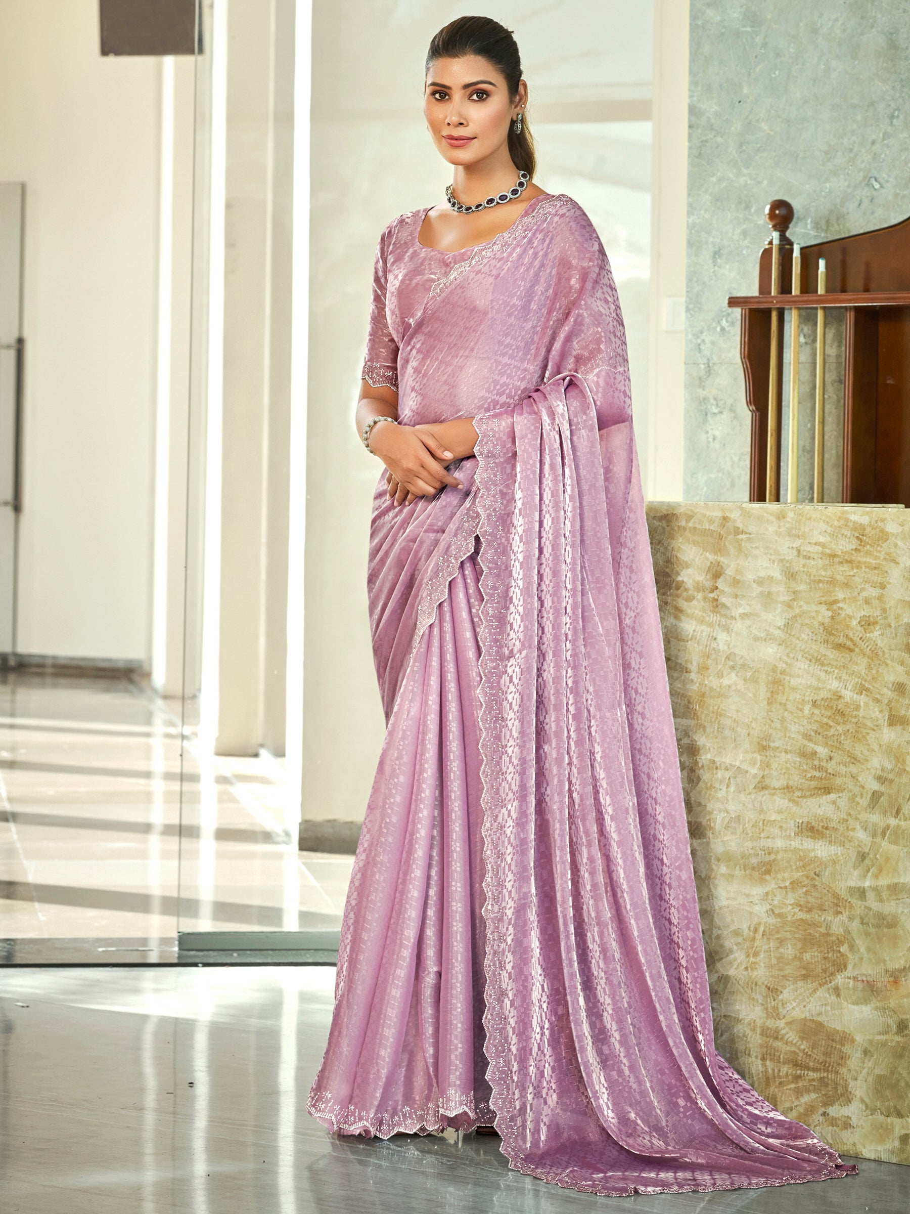 Jyoti Fashion Women's Purple Silk Blend Embellished Border with Beads & Crystal Cutwork Saree with Blouse