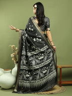 Jyoti Fashion Women's Black Silk Blend Floral Print with Checks Jari Weaving Saree with Blouse - Distacart