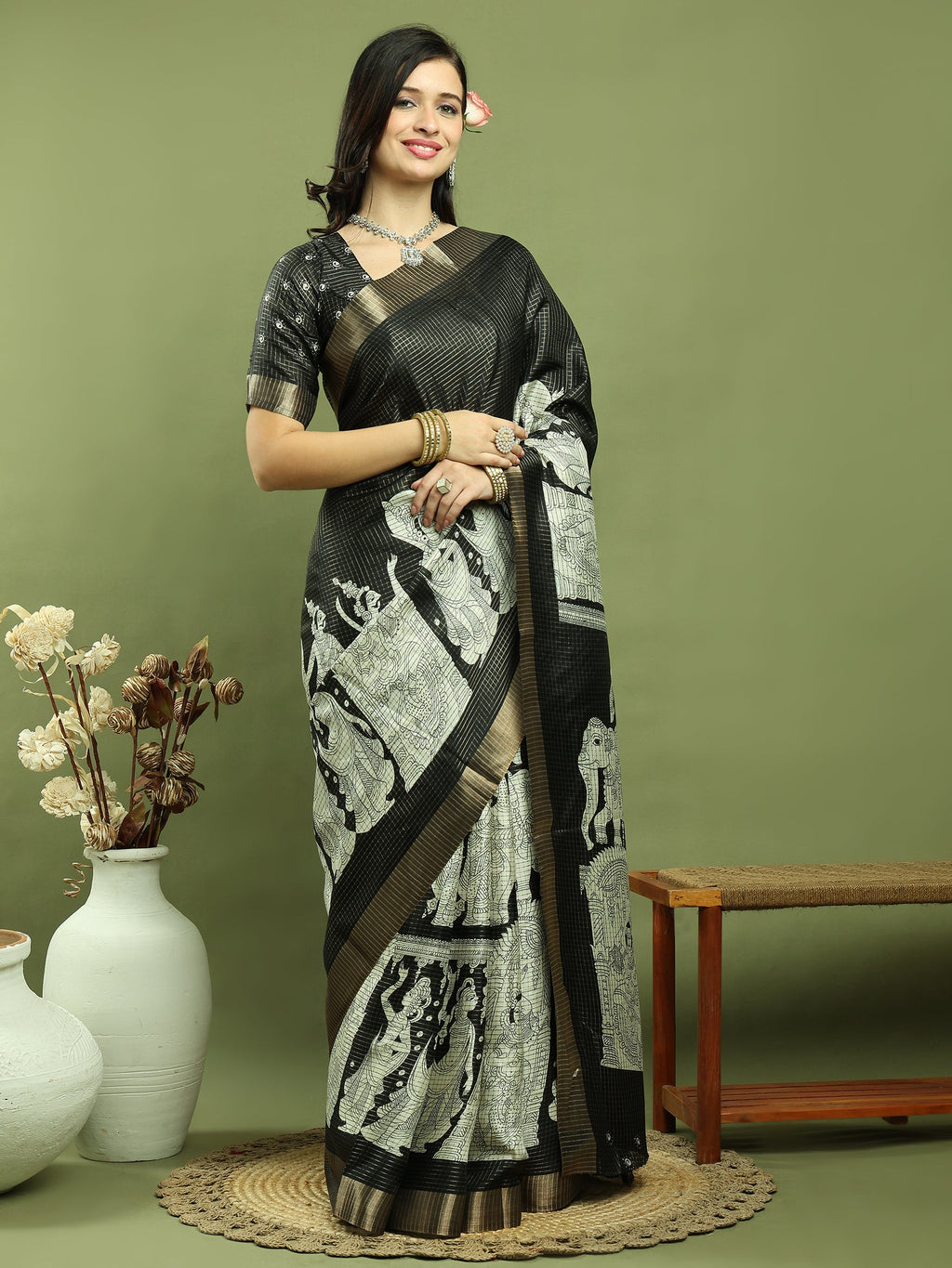 Jyoti Fashion Women's Black Silk Blend Print with Checks Jari Weaving Pattrn Saree with Blouse
