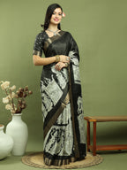 Jyoti Fashion Women's Black Silk Blend Print with Checks Jari Weaving Pattrn Saree with Blouse