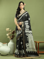 Jyoti Fashion Women's Black Silk Blend Print with Checks Jari Weaving Pattrn Saree with Blouse