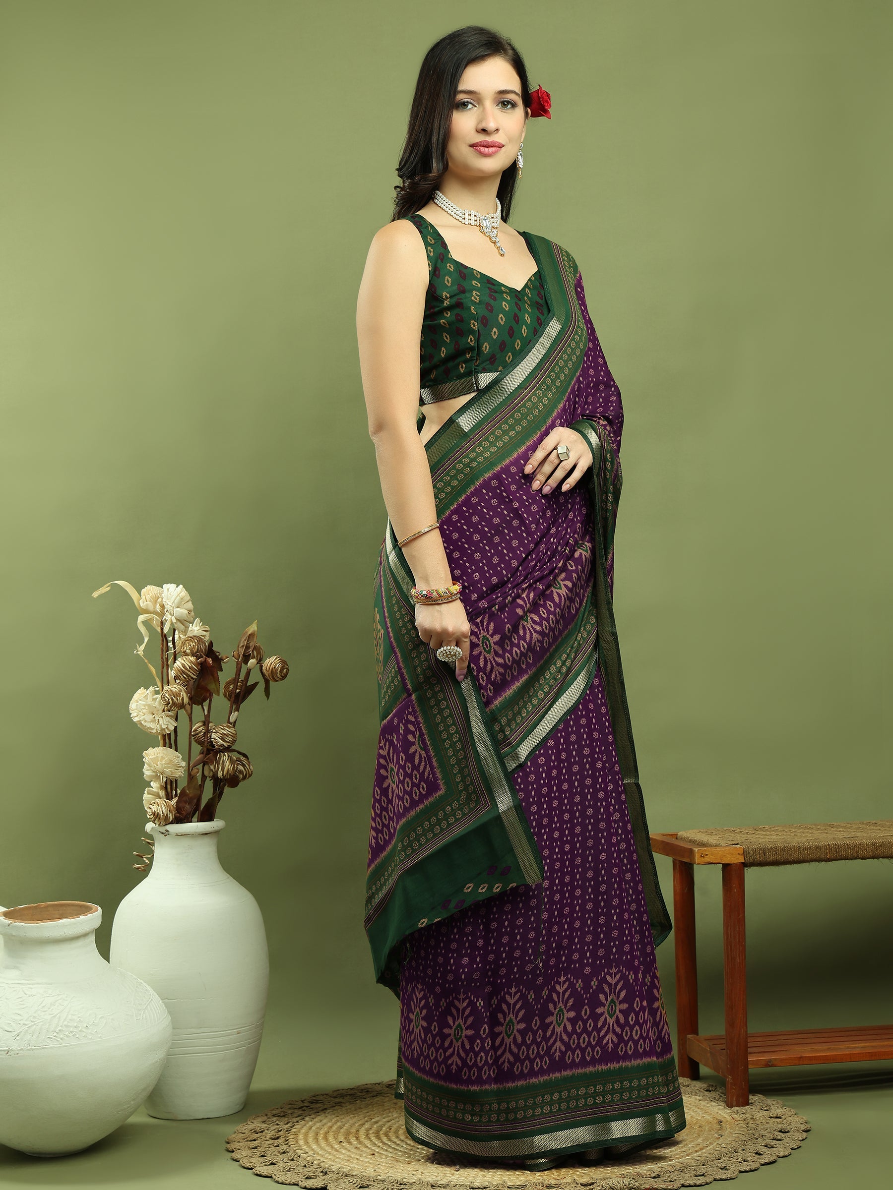 Jyoti Fashion Women's Purple Silk Blend Ikat Floral Print with Jari Border Saree with Blouse