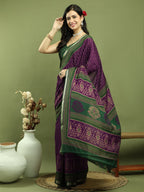 Jyoti Fashion Women's Purple Silk Blend Ikat Floral Print with Jari Border Saree with Blouse