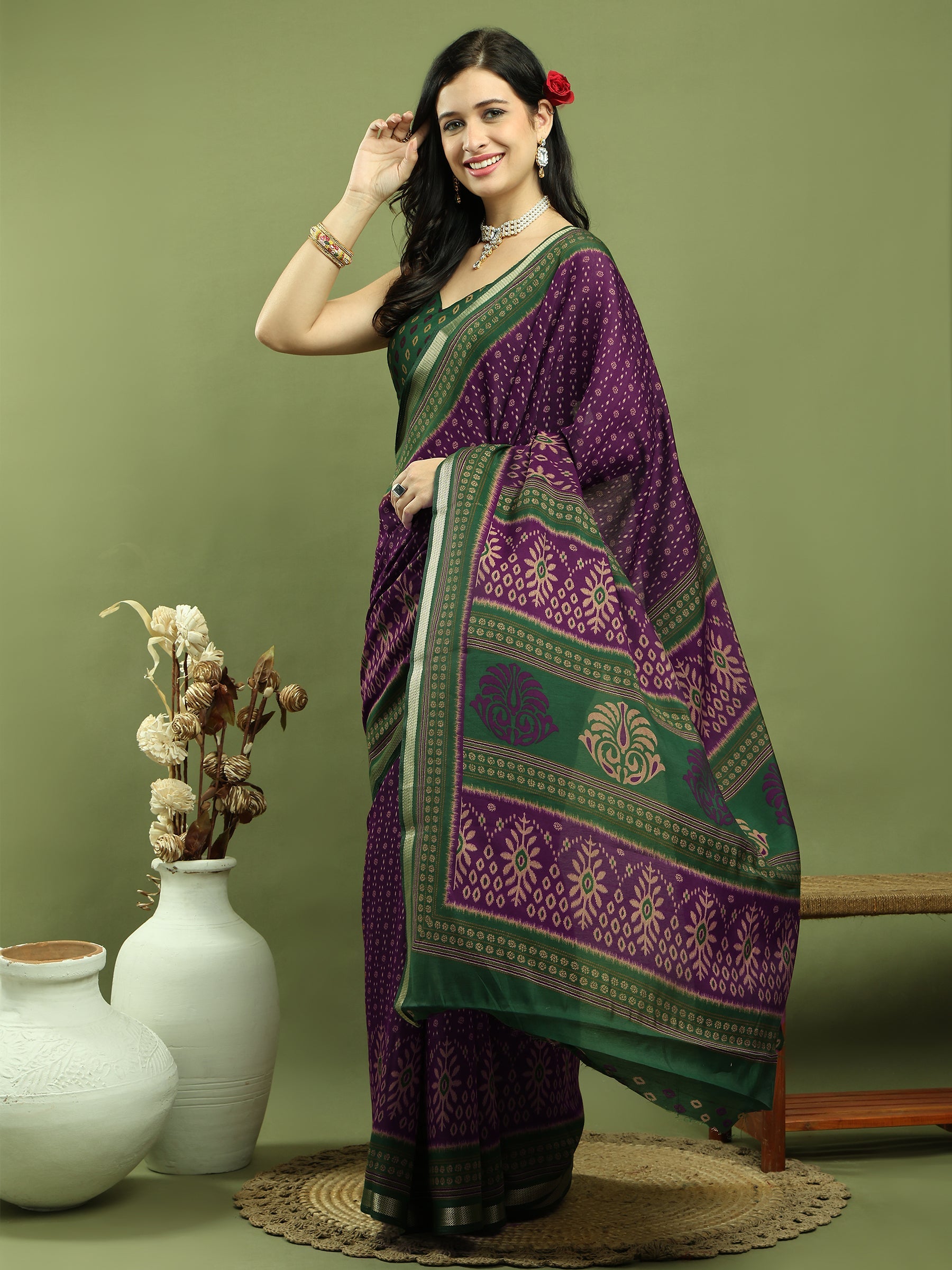 Jyoti Fashion Women's Purple Silk Blend Ikat Floral Print with Jari Border Saree with Blouse