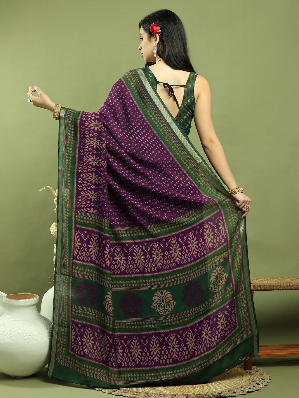 Jyoti Fashion Women's Purple Silk Blend Ikat Floral Print with Jari Border Saree with Blouse