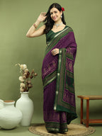 Jyoti Fashion Women's Purple Silk Blend Ikat Floral Print with Jari Border Saree with Blouse