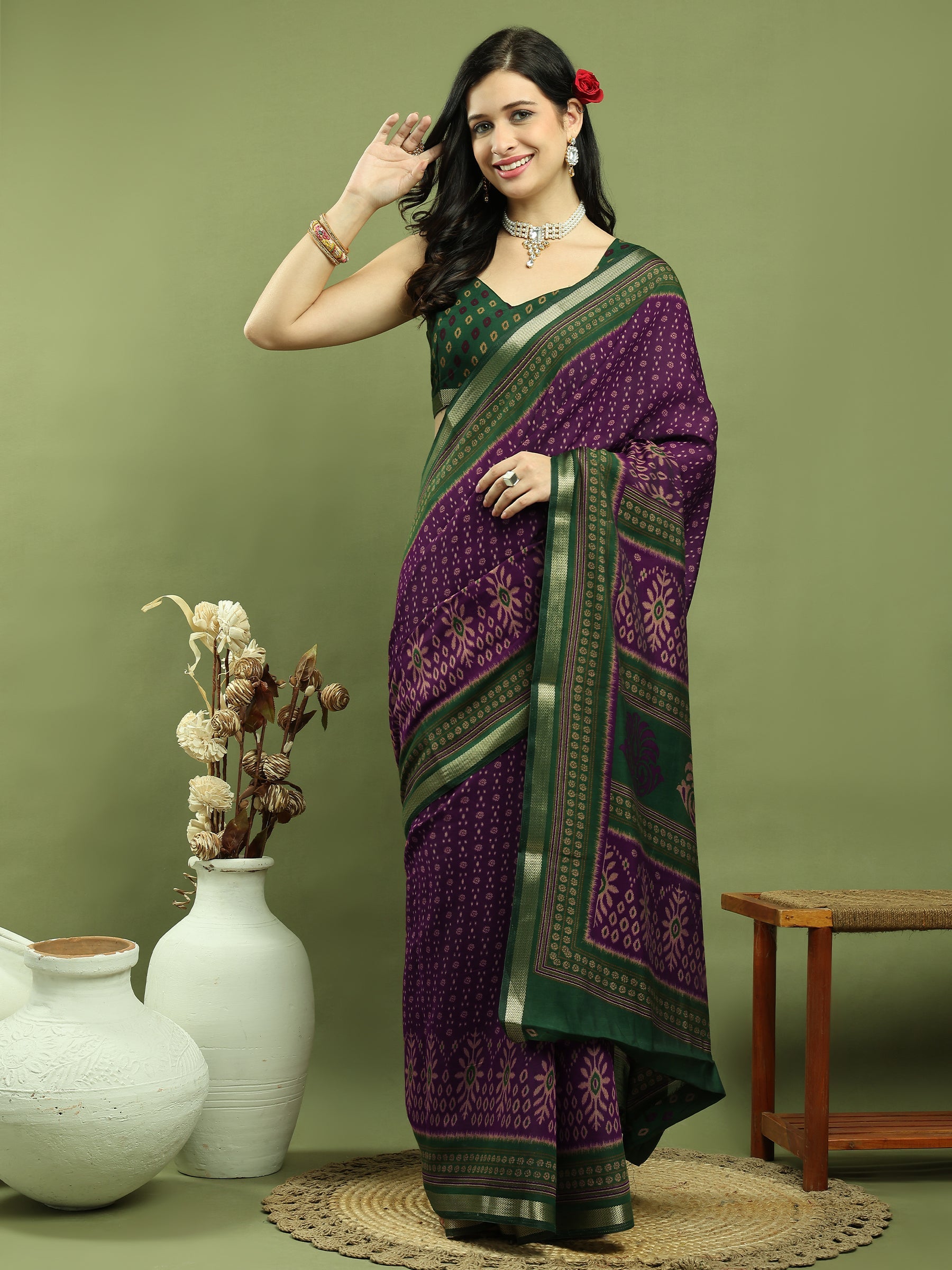 Jyoti Fashion Women's Purple Silk Blend Ikat Floral Print with Jari Border Saree with Blouse