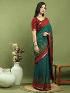 Jyoti Fashion Women's Teal Silk Blend Ikat Floral Print with Jari Border Saree with Blouse