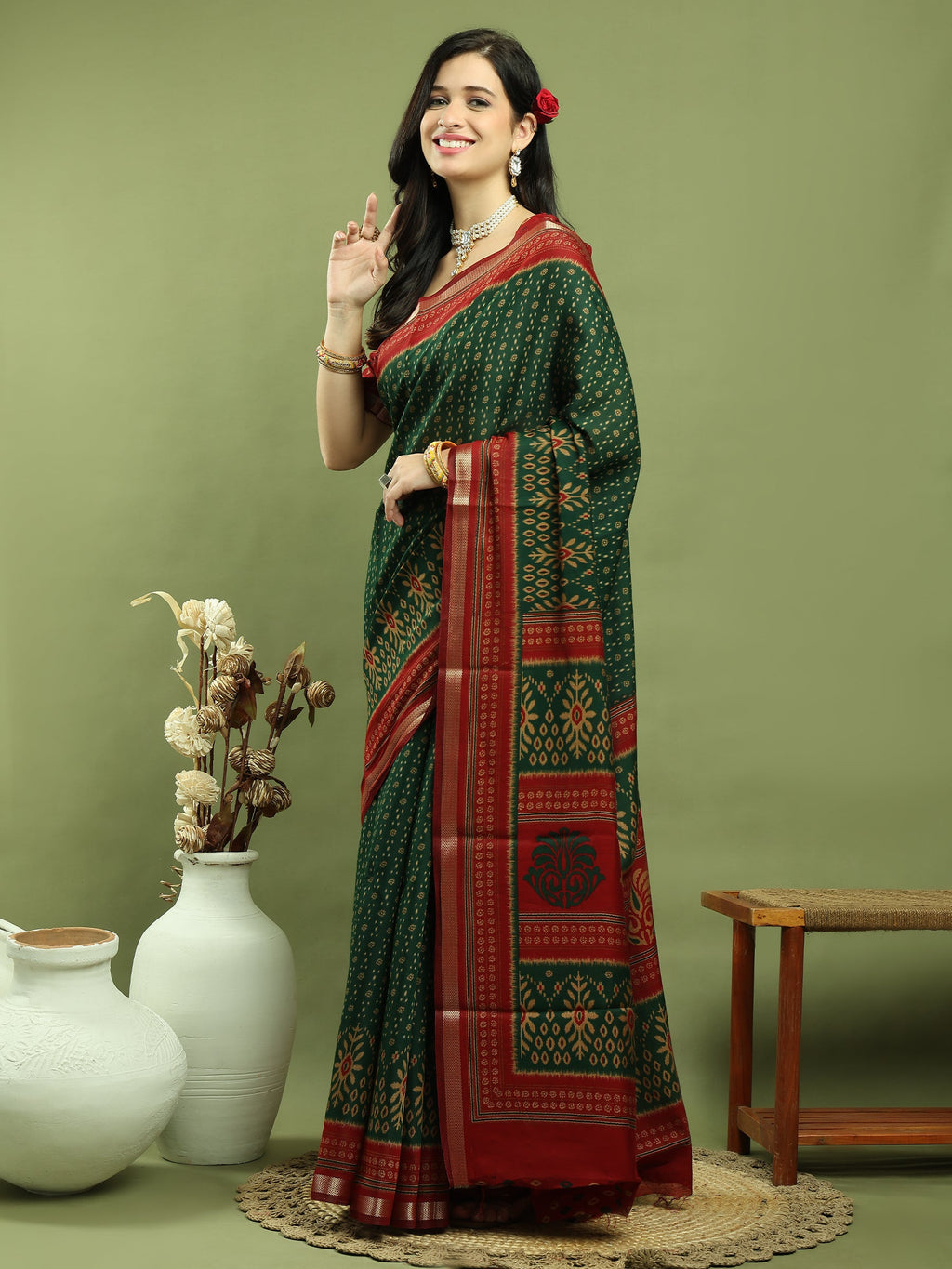 Jyoti Fashion Women's Green Silk Blend Ikat Floral Print with Jari Border Saree with Blouse