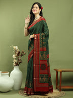 Jyoti Fashion Women's Green Silk Blend Ikat Floral Print with Jari Border Saree with Blouse