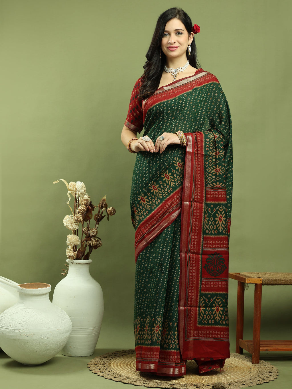 Jyoti Fashion Women's Green Silk Blend Ikat Floral Print with Jari Border Saree with Blouse