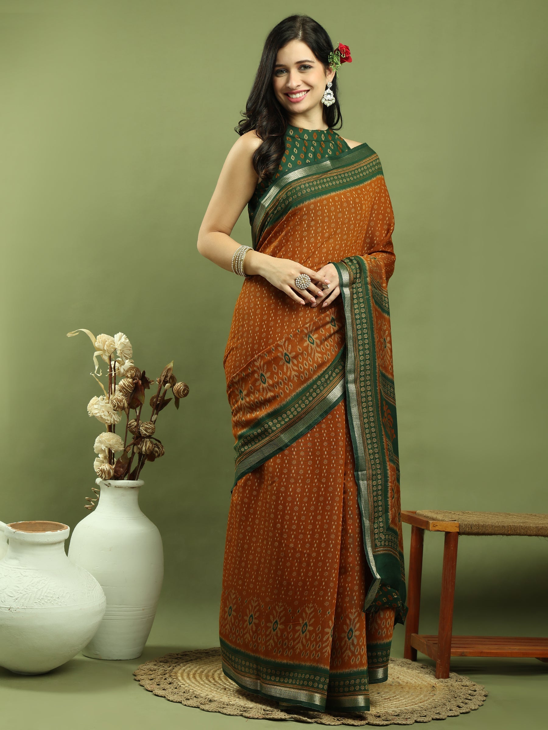 Jyoti Fashion Women's Mustard Silk Blend Ikat Floral Print with Jari Border Saree with Blouse