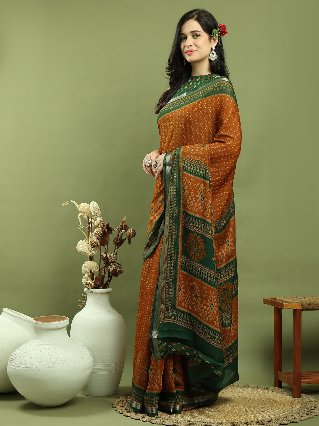 Jyoti Fashion Women's Mustard Silk Blend Ikat Floral Print with Jari Border Saree with Blouse