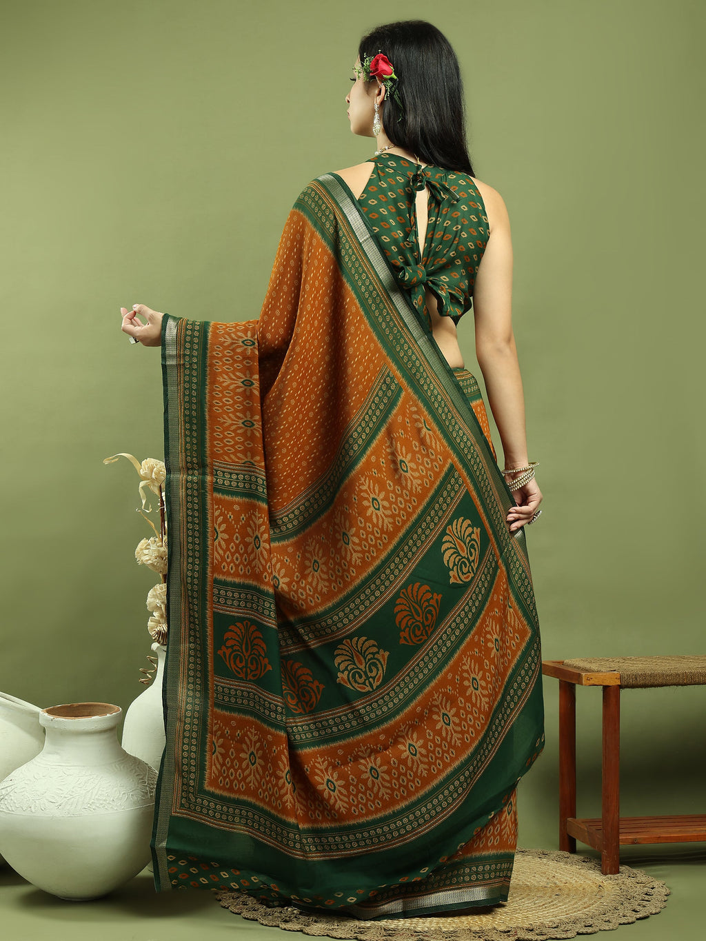 Jyoti Fashion Women's Mustard Silk Blend Ikat Floral Print with Jari Border Saree with Blouse