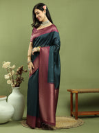 Jyoti Fashion Women's Teal Silk Blend Ikat Jari Weaving Pattern with Jari Border Saree with Blouse - Distacart