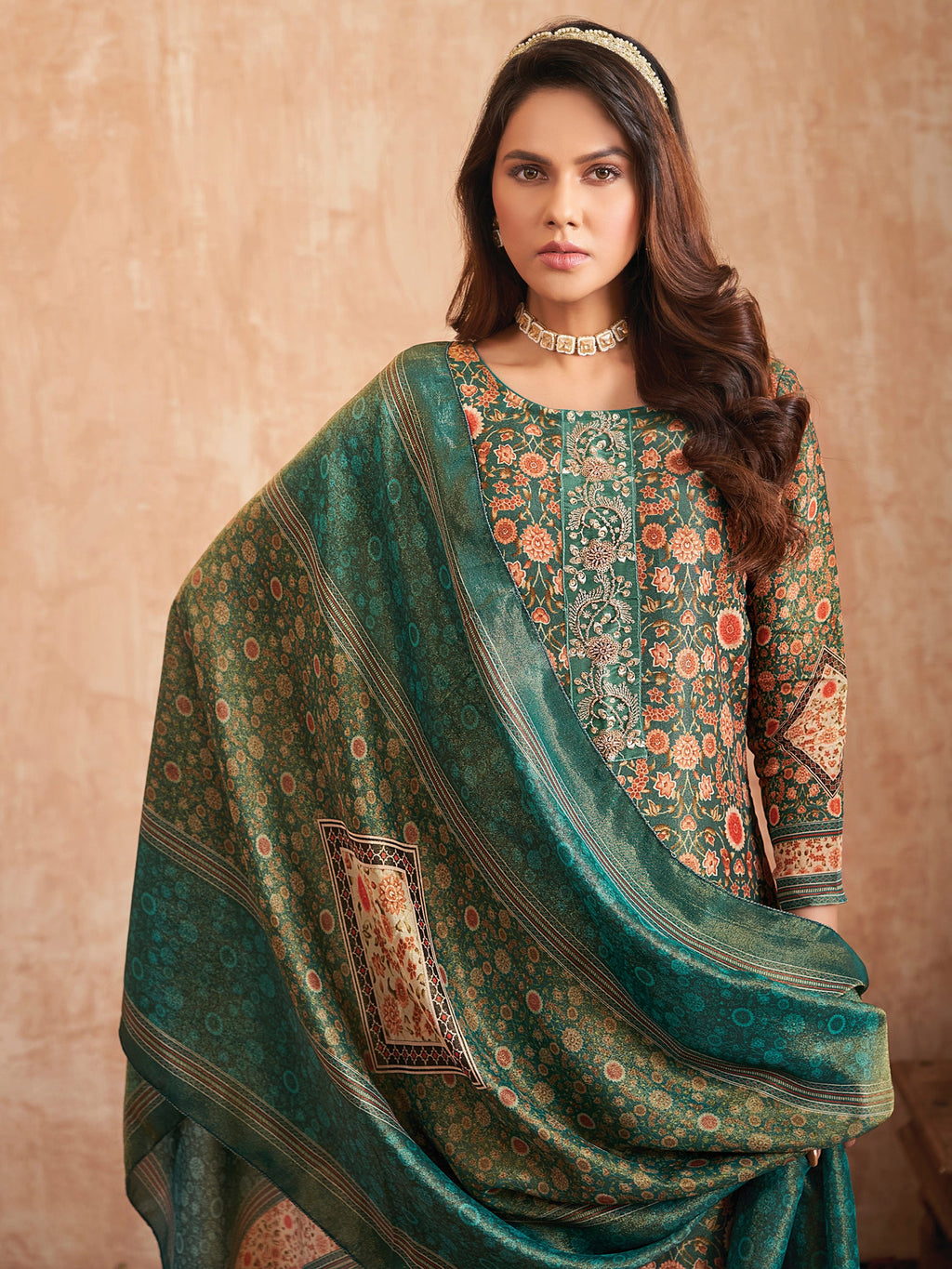 Jyoti Fashion Women's Green Pure Tissue Shimmer Floral Digital Print With Zardoshi Hand Work Salwar Suit Set - Distacart