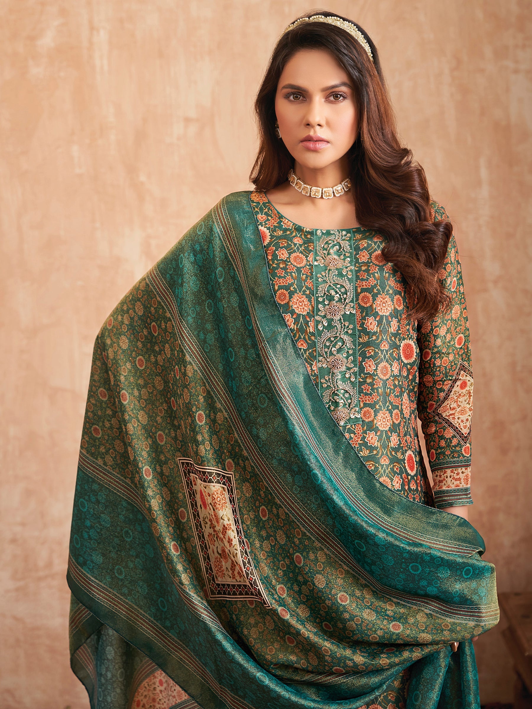 Jyoti Fashion Women's Green Pure Tissue Shimmer Floral Digital Print With Zardoshi Hand Work Salwar Suit Set - Distacart
