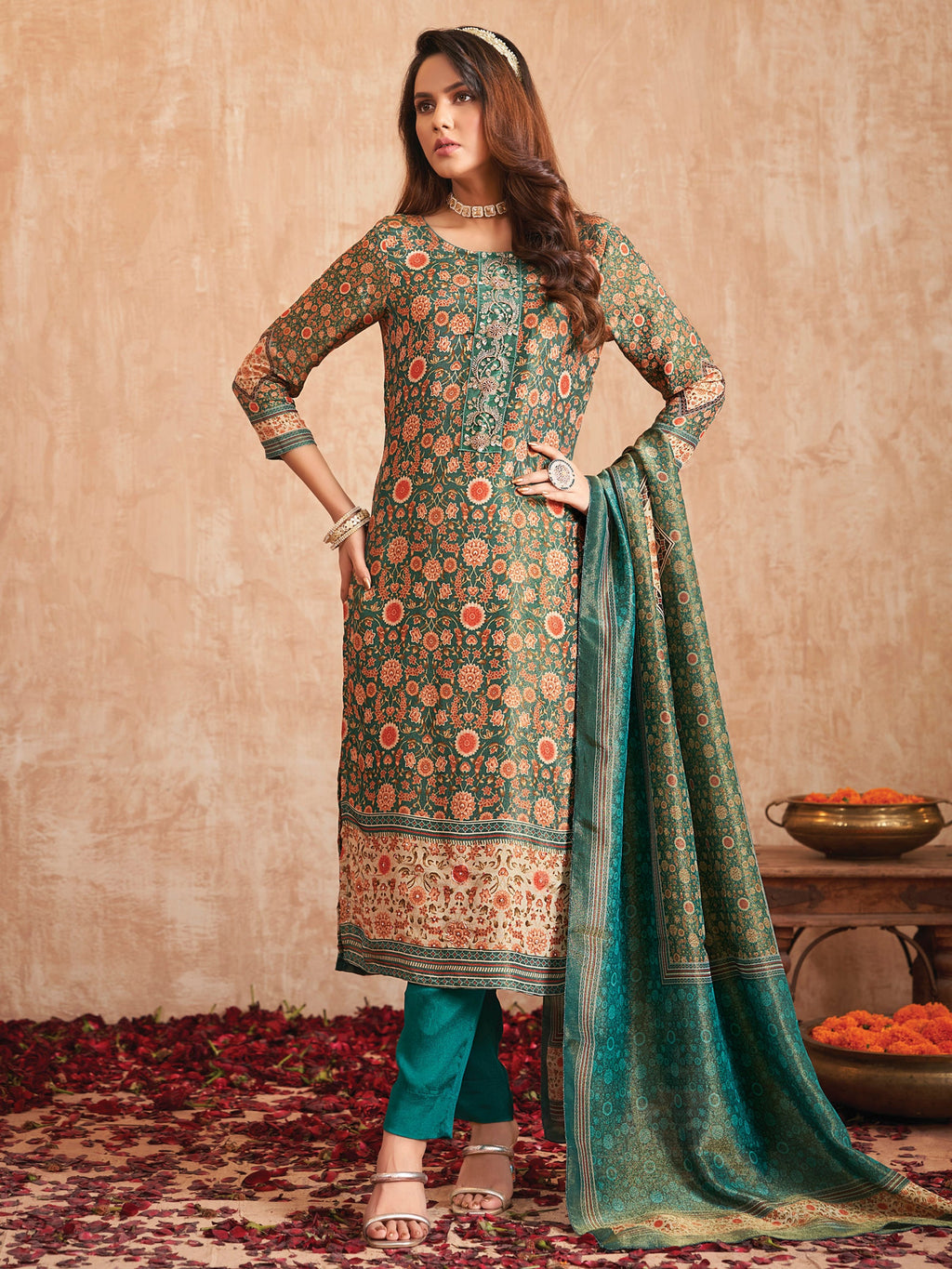 Jyoti Fashion Women's Green Pure Tissue Shimmer Floral Digital Print With Zardoshi Hand Work Salwar Suit Set - Distacart
