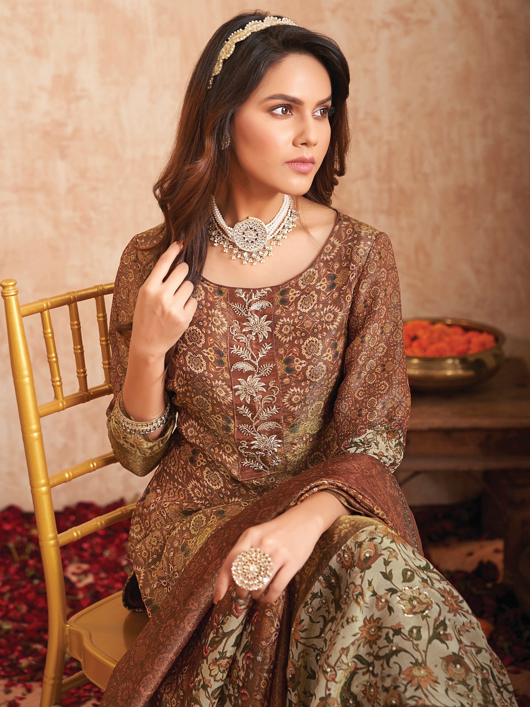 Jyoti Fashion Women's Brown Pure Tissue Shimmer Floral Digital Print With Zardoshi Hand Work Salwar Suit Set - Distacart