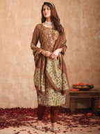 Jyoti Fashion Women's Brown Pure Tissue Shimmer Floral Digital Print With Zardoshi Hand Work Salwar Suit Set - Distacart