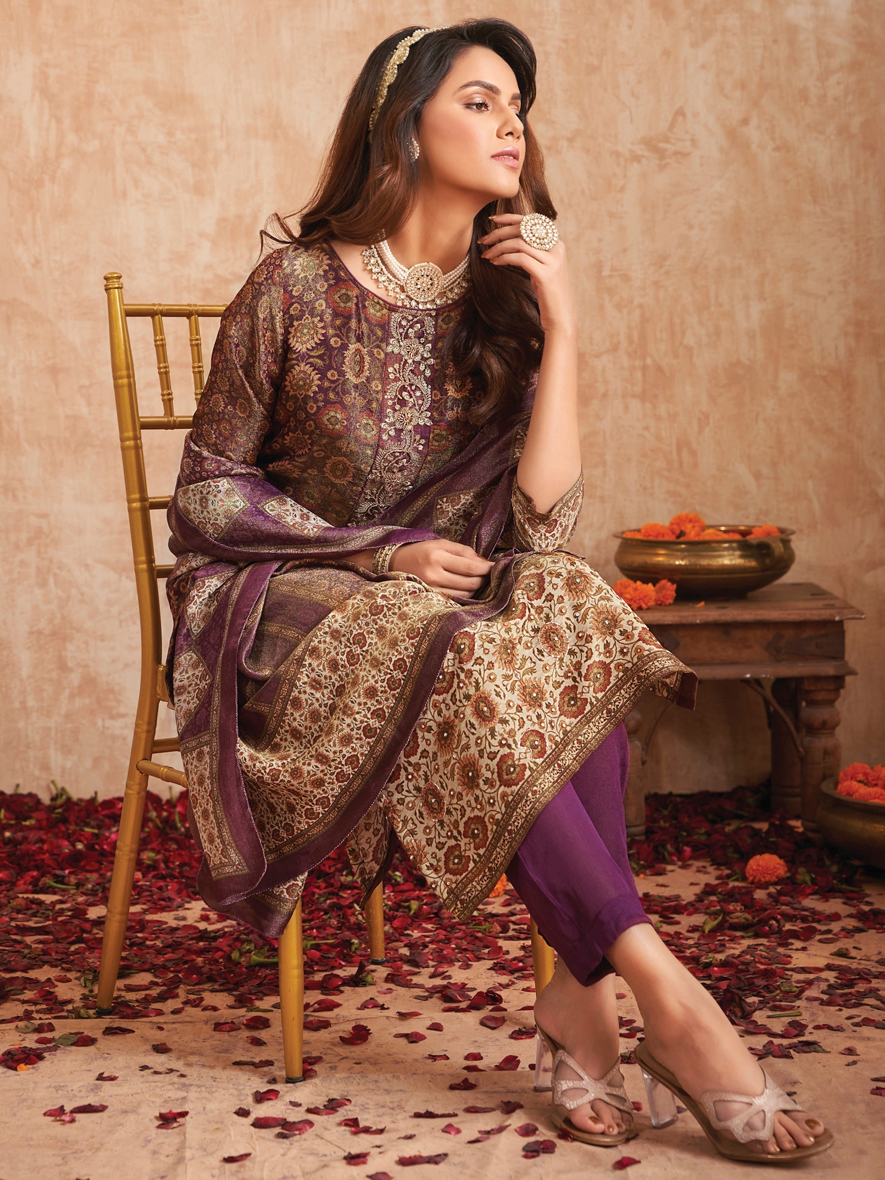 Jyoti Fashion Women's Purple Pure Tissue Shimmer Floral Digital Print With Zardoshi Hand Work Salwar Suit Set - Distacart