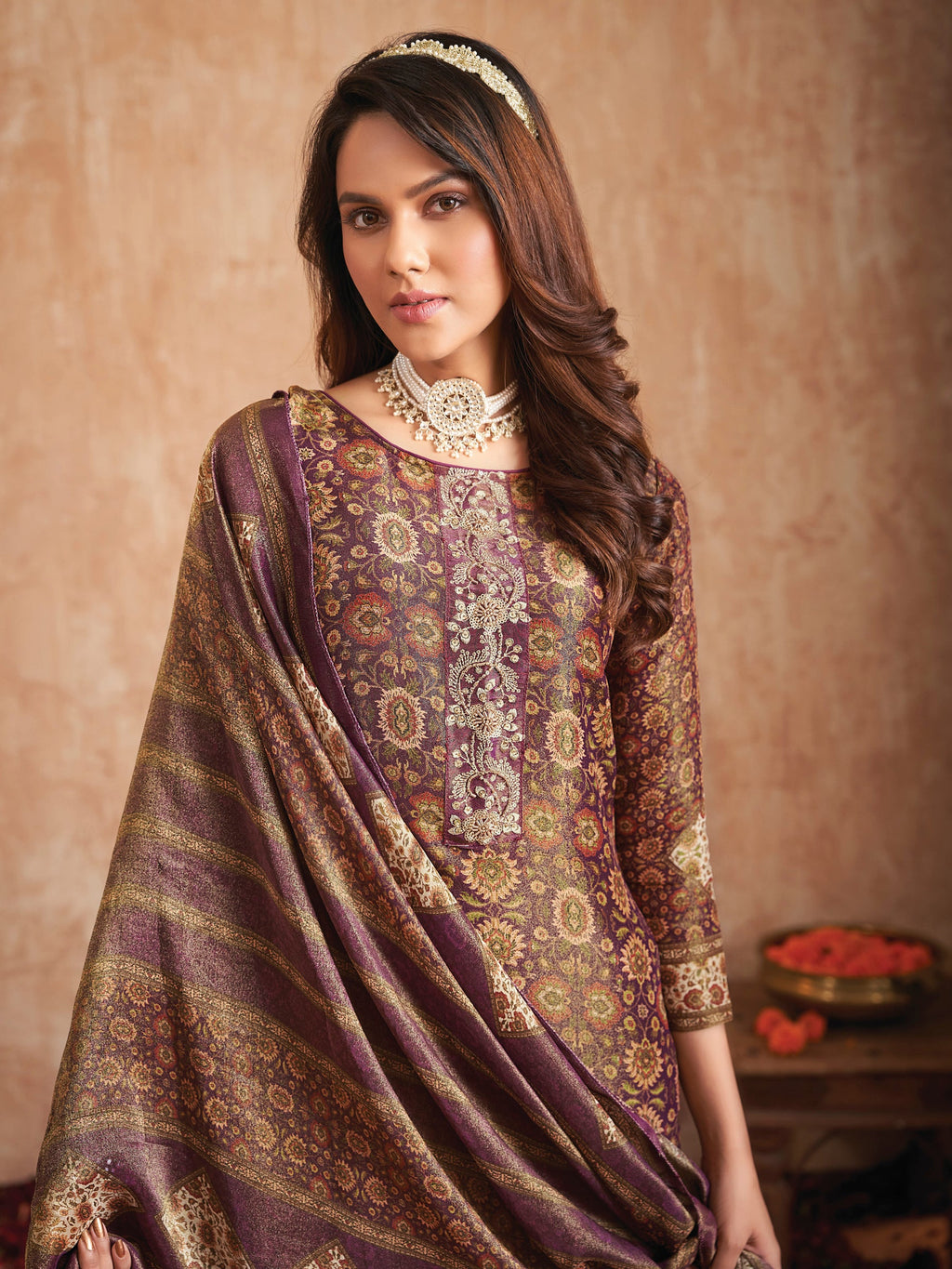 Jyoti Fashion Women's Purple Pure Tissue Shimmer Floral Digital Print With Zardoshi Hand Work Salwar Suit Set - Distacart
